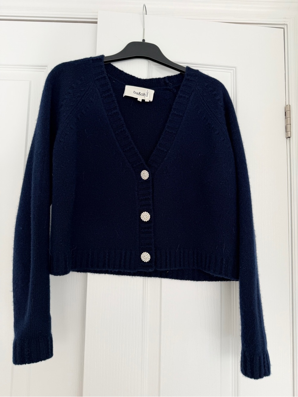 BA&Sh Navy V-Neck Cashmere Diamanté Button Cropped Cardigan
